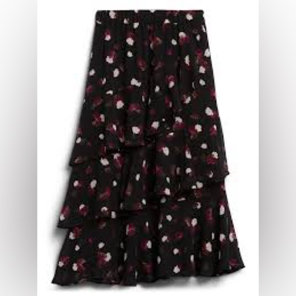 Banana Republic Ruffle Tiered midi skirt with purple and white dots